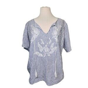 Neimann Marcus Striped Embroidered Tunic Top Womens XL Tassle Linen/Cotton Vaca